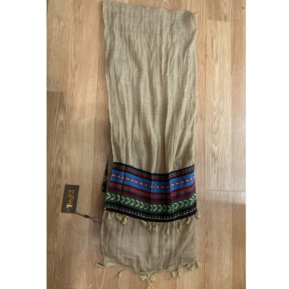 Treska Scarf Tan Geometric Pattern Tassels Fringe Boho